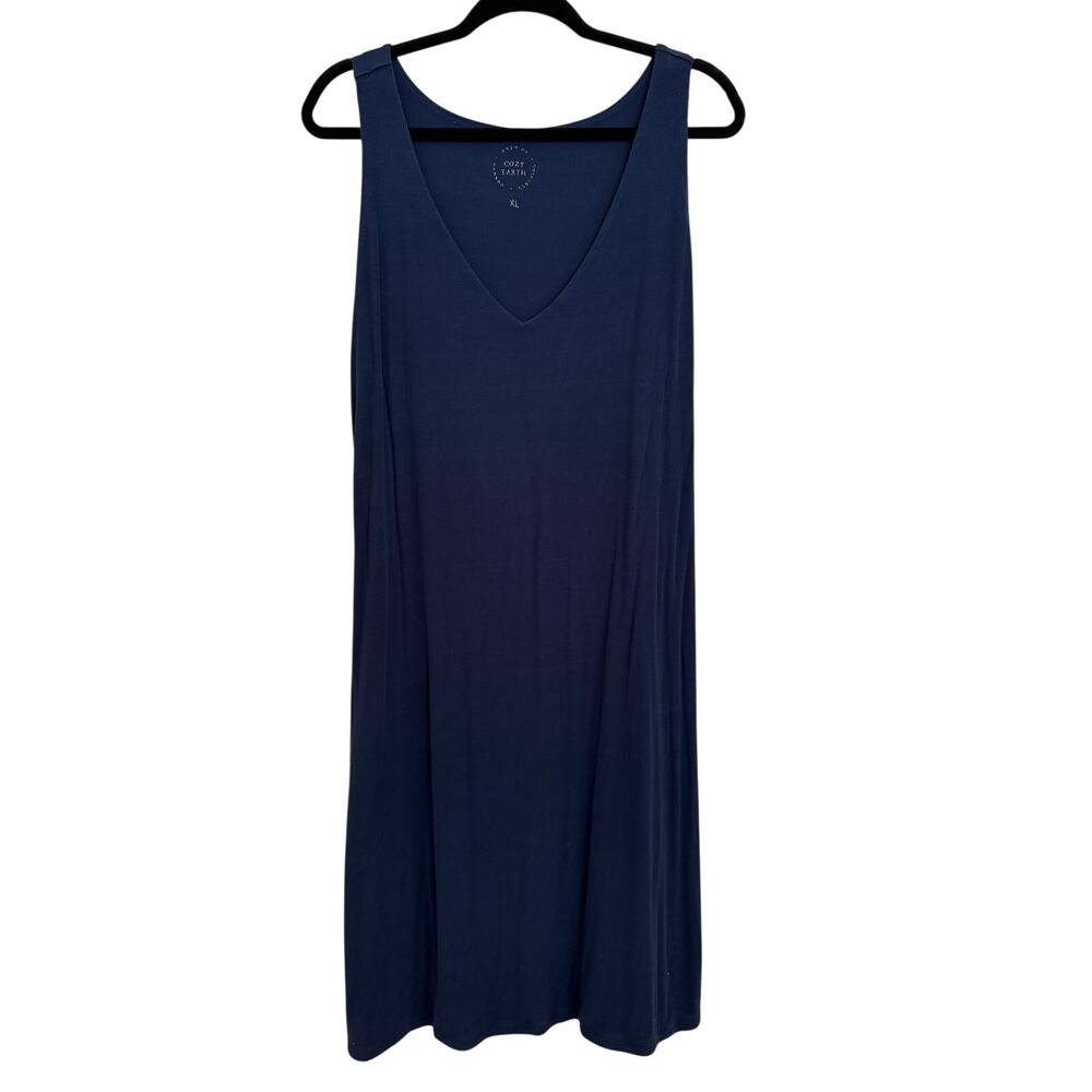 Cozy Earth Navy Blue Bamboo Rib Knit V-Neck Sleeveless Tank Dress Size XL Casual
